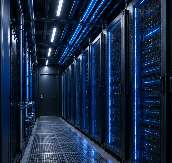 The aisle inside a pod, with rack doors on both sides and blue coolant pipes along the ceiling.
