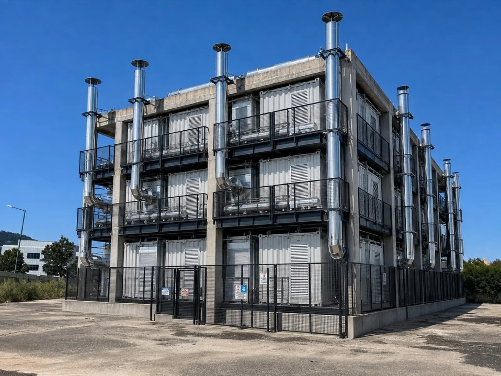 The same concrete frame with white container pods on each floor and steel exhaust stacks.