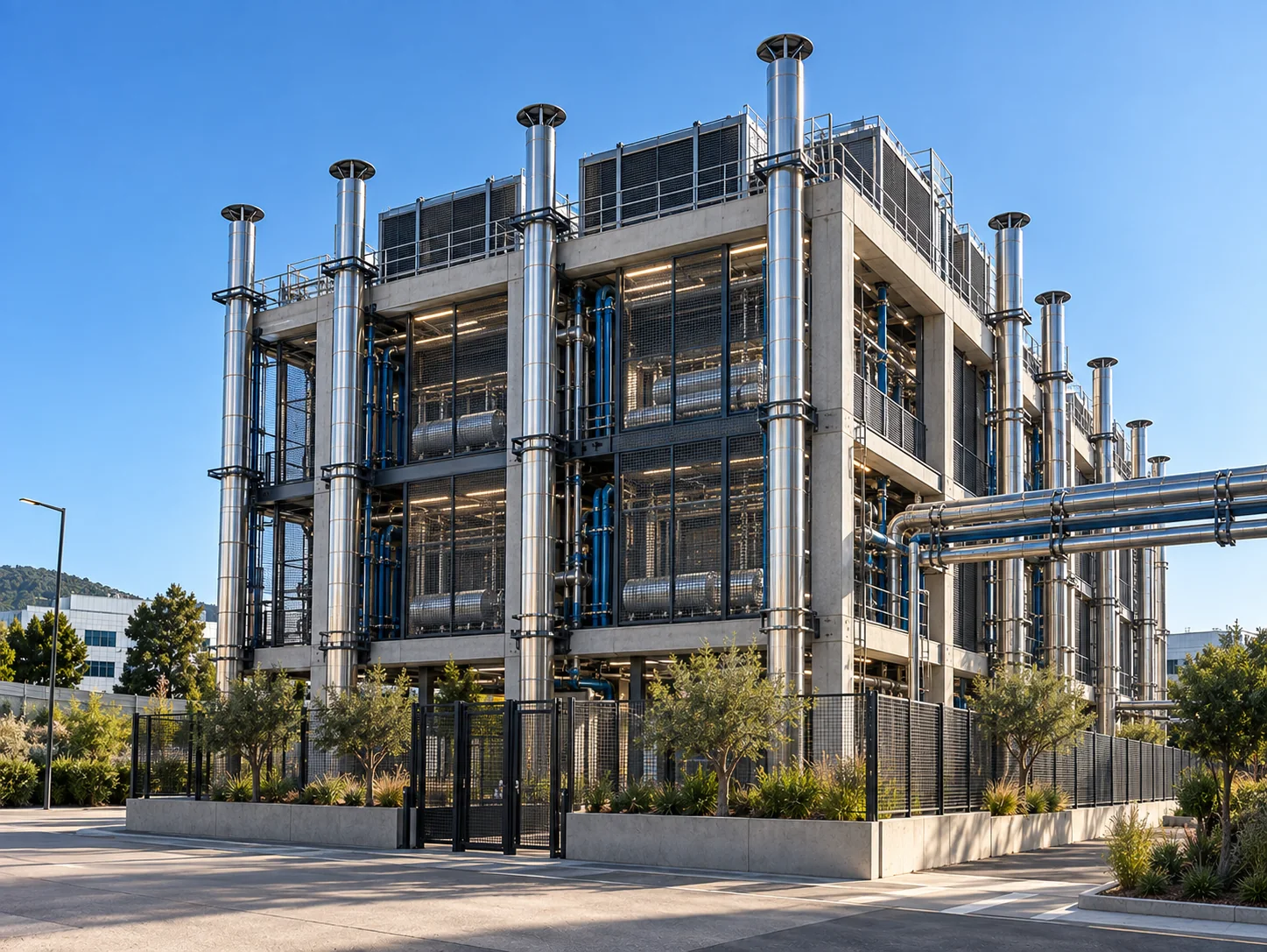 The Campus I concrete frame with cooling plant, blue coolant pipes and steel stacks behind a landscaped fence.