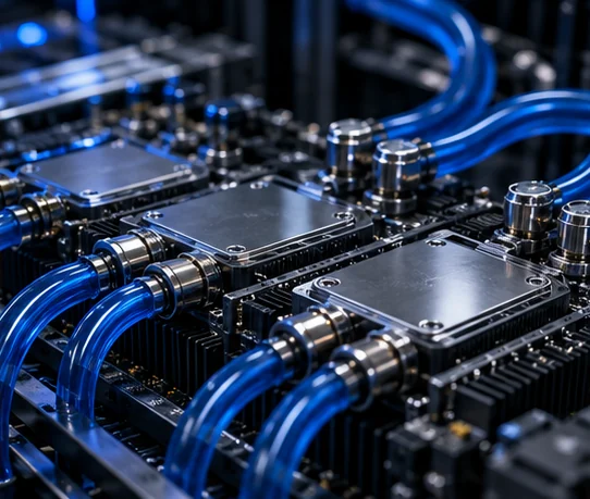 Close-up of metal cold plates on a server board, with blue coolant hoses on quick-connect fittings.
