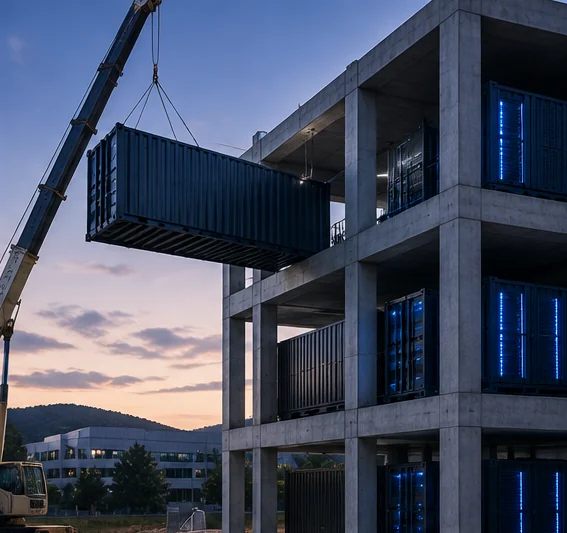 A crane lifts a pod into a bay of a three-storey concrete frame at dusk, next to pods that are already lit.