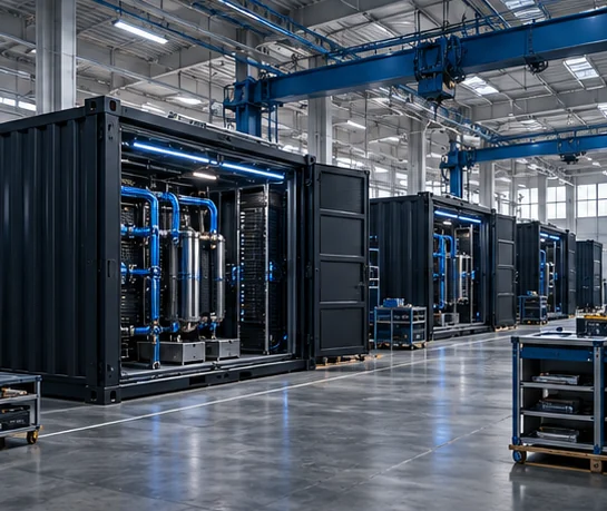 Dark 40-ft pods in a factory hall, with racks and cooling plant being fitted inside.