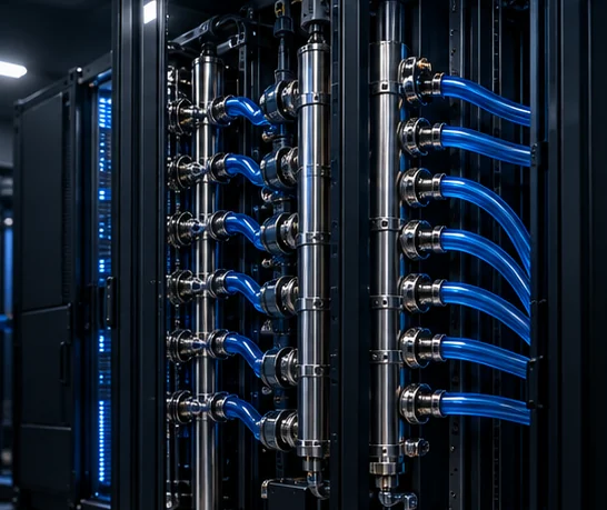 The rear of a rack, with two steel manifolds and rows of blue coolant hoses.