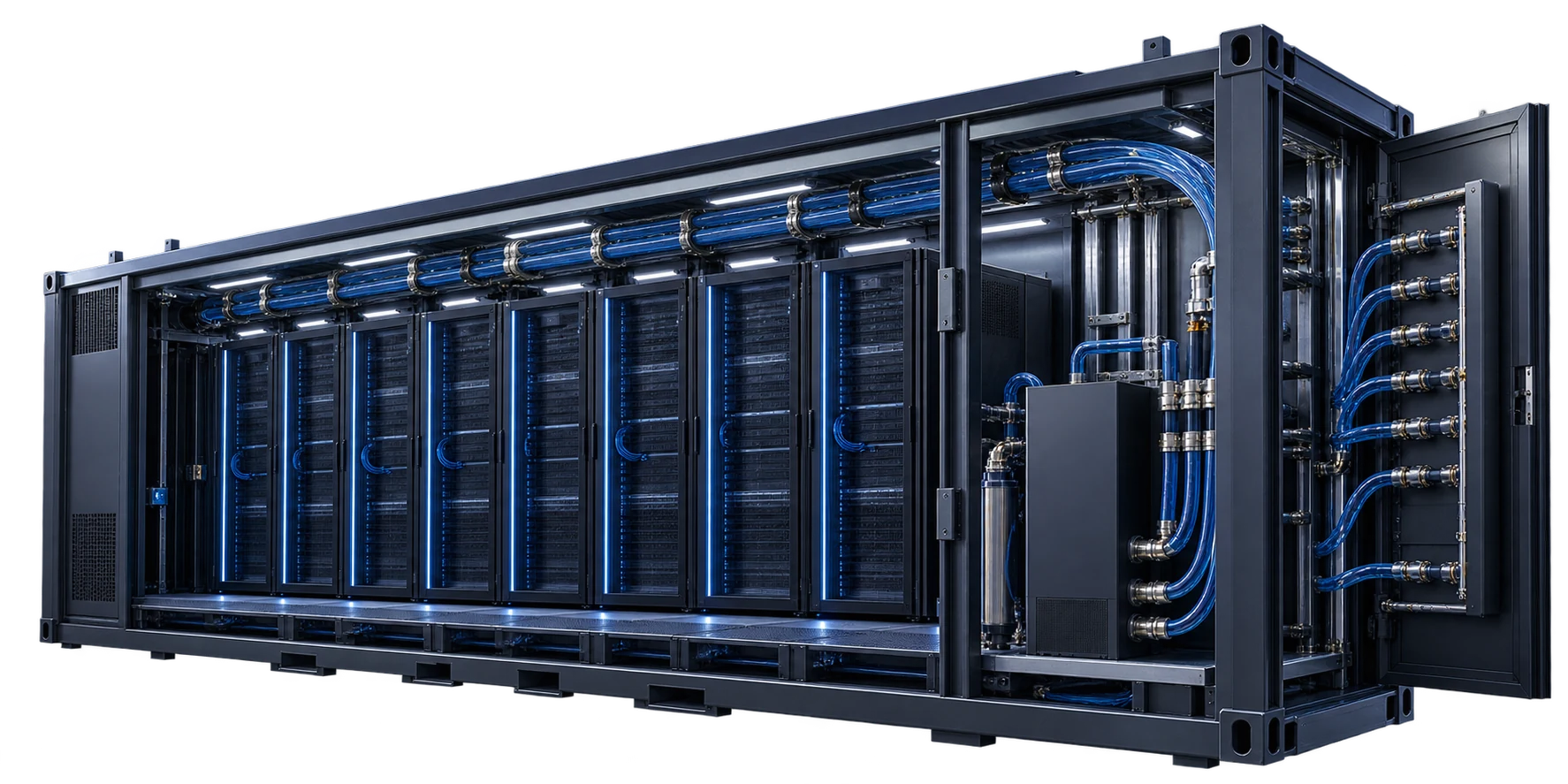 Cutaway of a 40-ft container with a row of racks, overhead coolant pipes, a coolant distribution unit and a hose manifold on the open door.