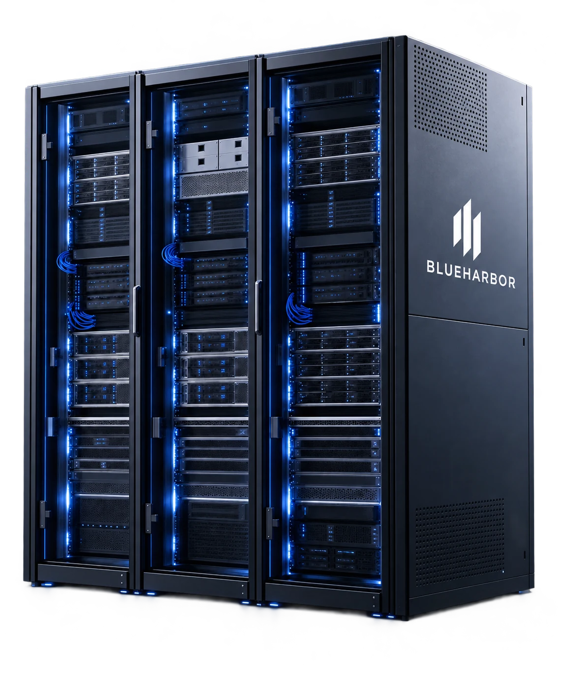 Three black BlueHarbor server racks with glass doors and blue status lights, with the BlueHarbor logo on the side panel.